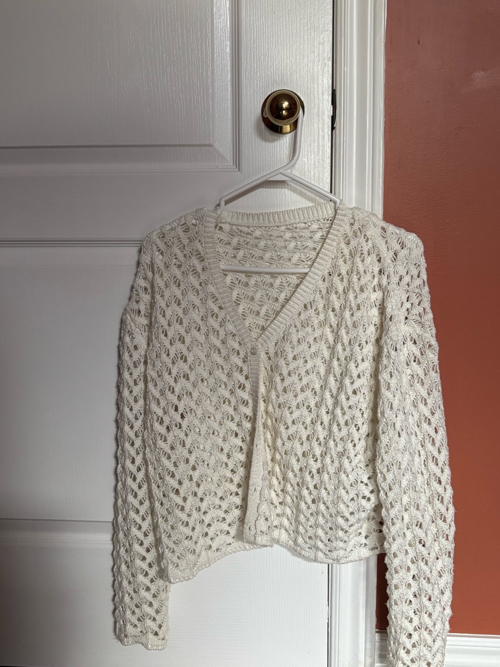 Cream Open-Knit V-Neck Women's Sweater Cardigan